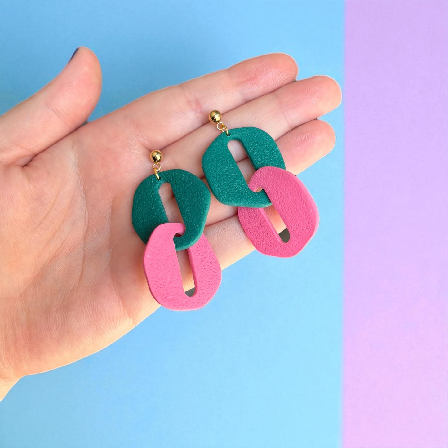 Chunky Pink & Green Polymer Clay Dangle Earrings