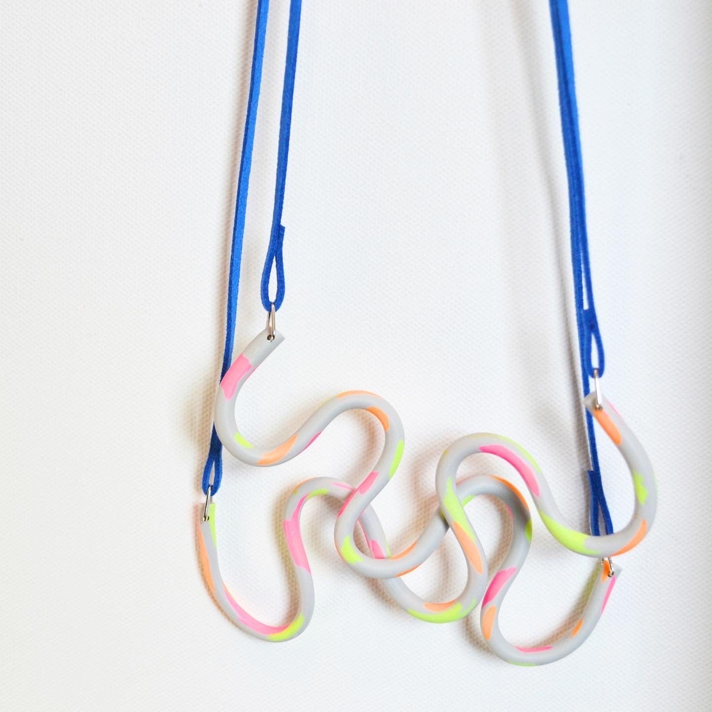 Neon, Grey & Blue Wavy Polymer Clay Pendant Necklace