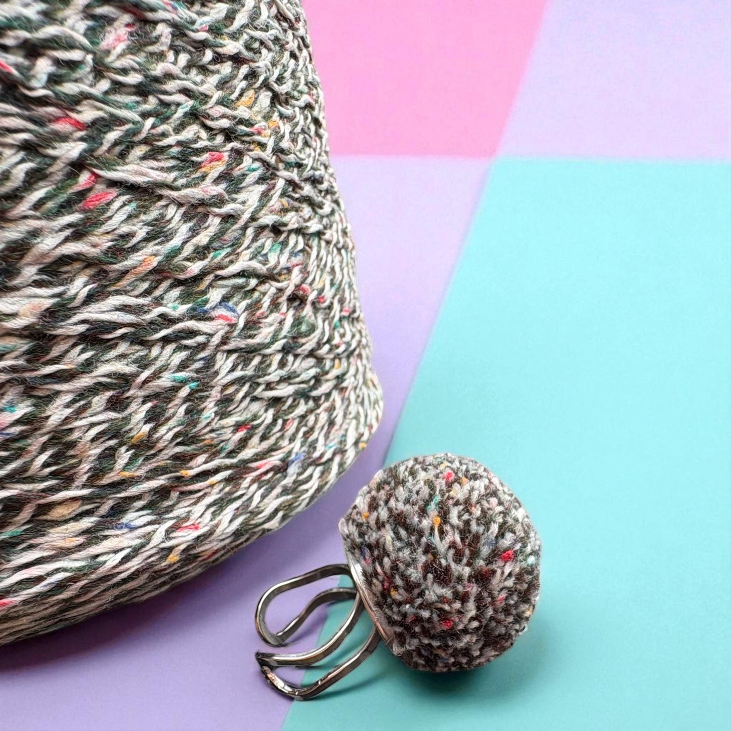 Adjustable Tweed Pom Pom Statement Ring