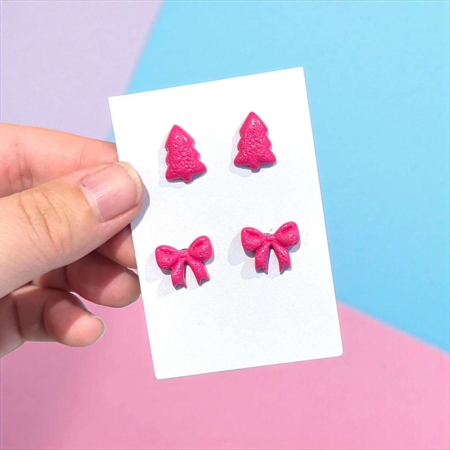 Glossy Polymer Clay Christmas Tree & Bow Stud Earrings Set