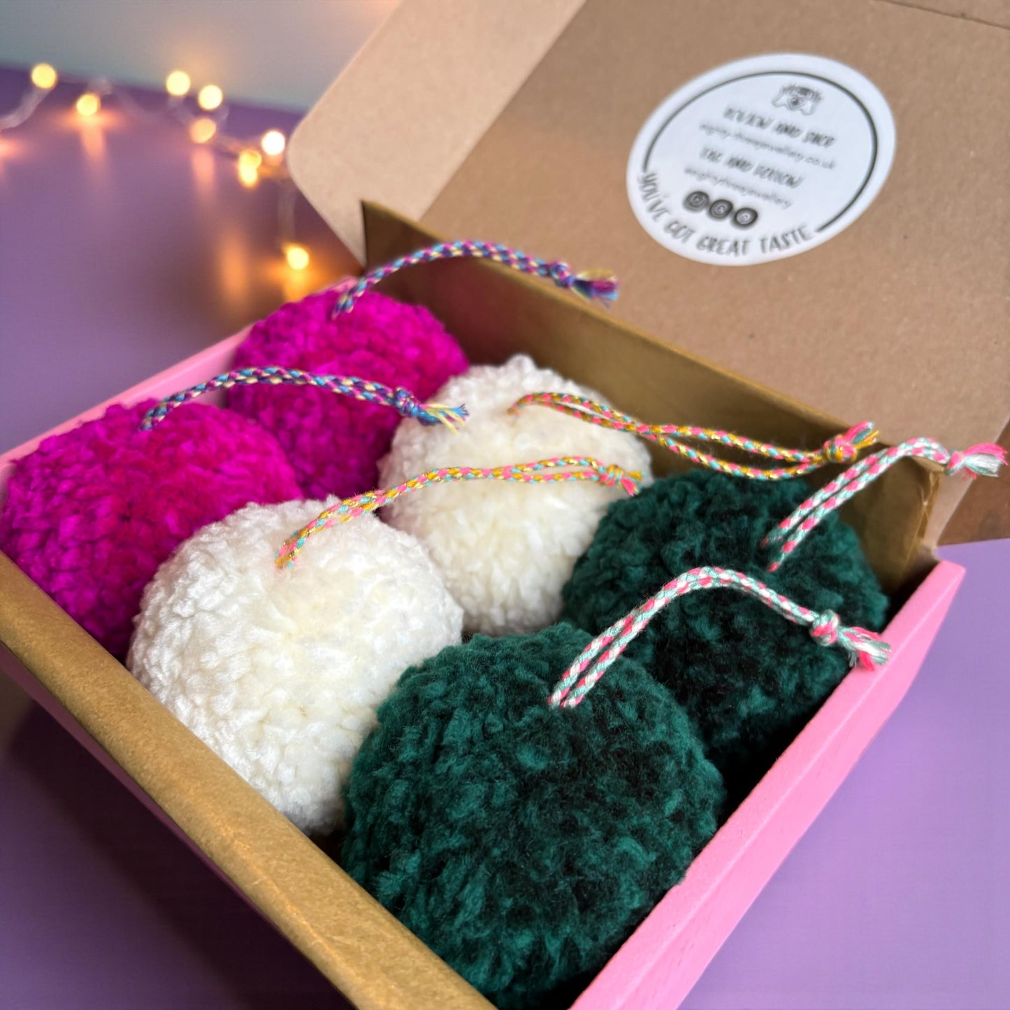 Chunky Knit Pom Pom Christmas Baubles – Handmade Set of 6 (Pink, Cream & Green)