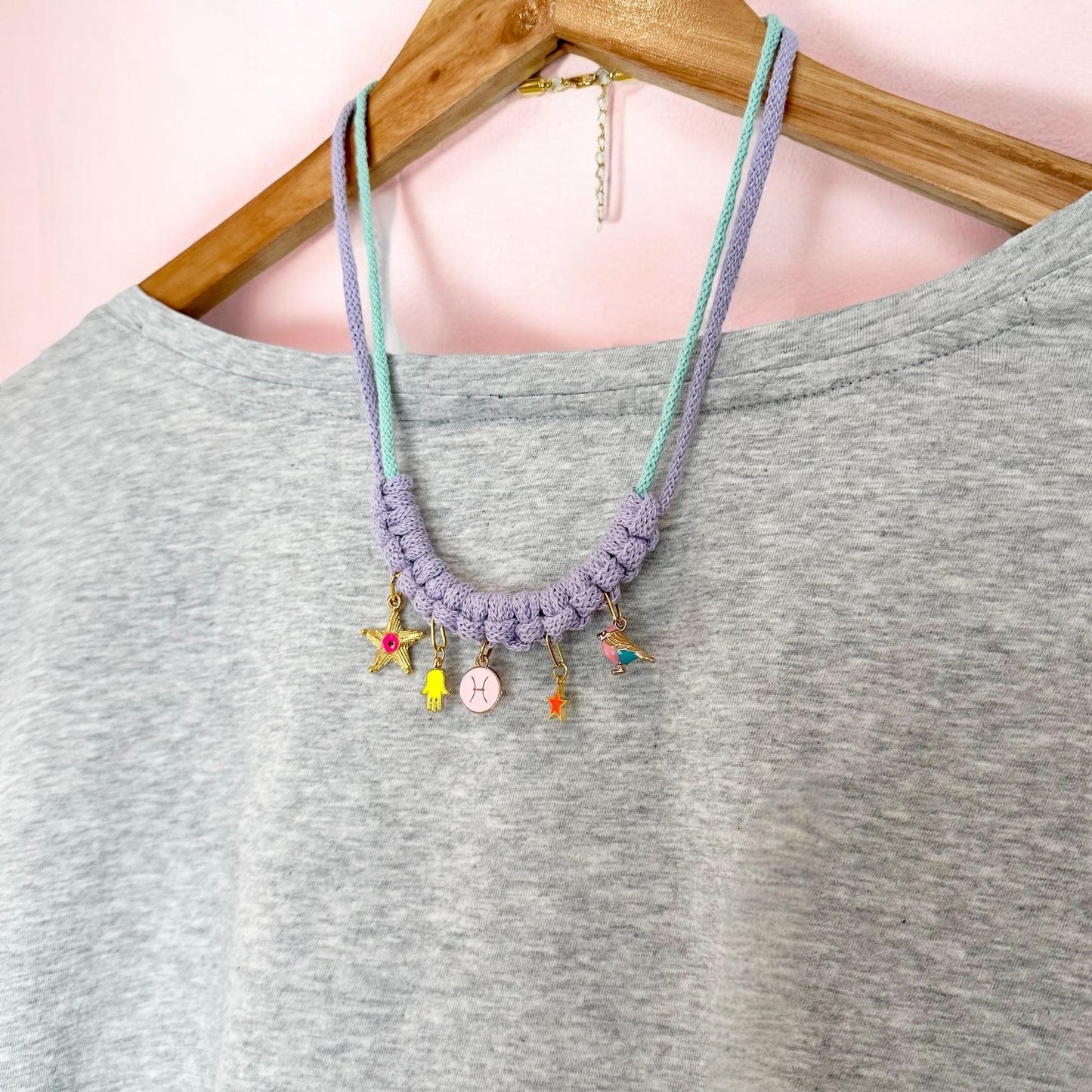 Macrame Charm Necklace – Personalised Zodiac Jewellery in Pastel Boho Style