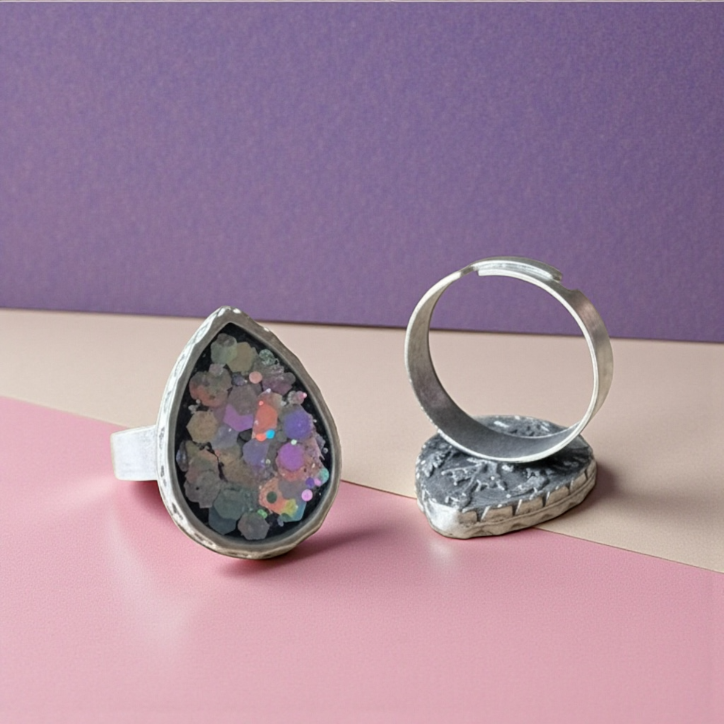Stardust Crush Statement Resin Ring – Silver Plated & Adjustable