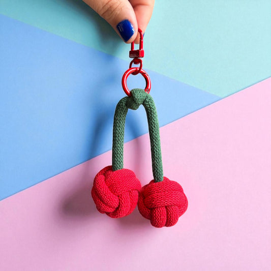 Oversized Cherry Bag Charm – Handmade Macramé Fruit Keyring