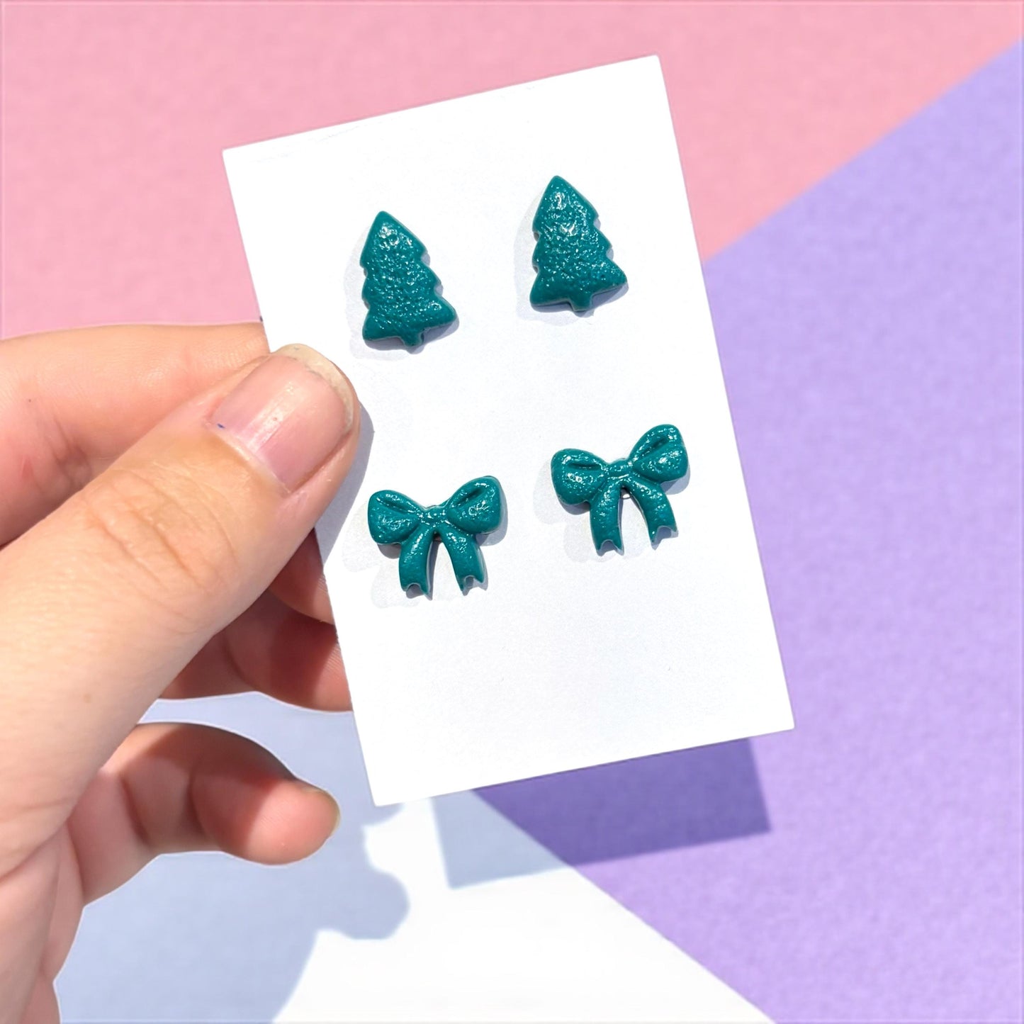 Glossy Polymer Clay Christmas Tree & Bow Stud Earrings Set