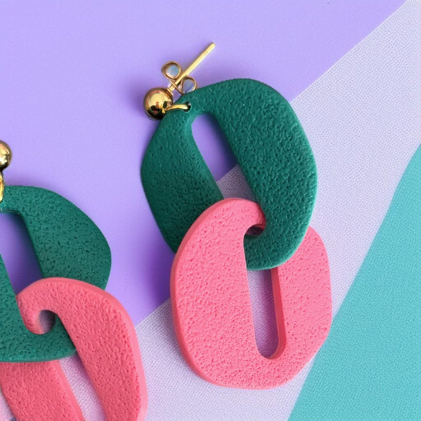 Chunky Pink & Green Polymer Clay Dangle Earrings