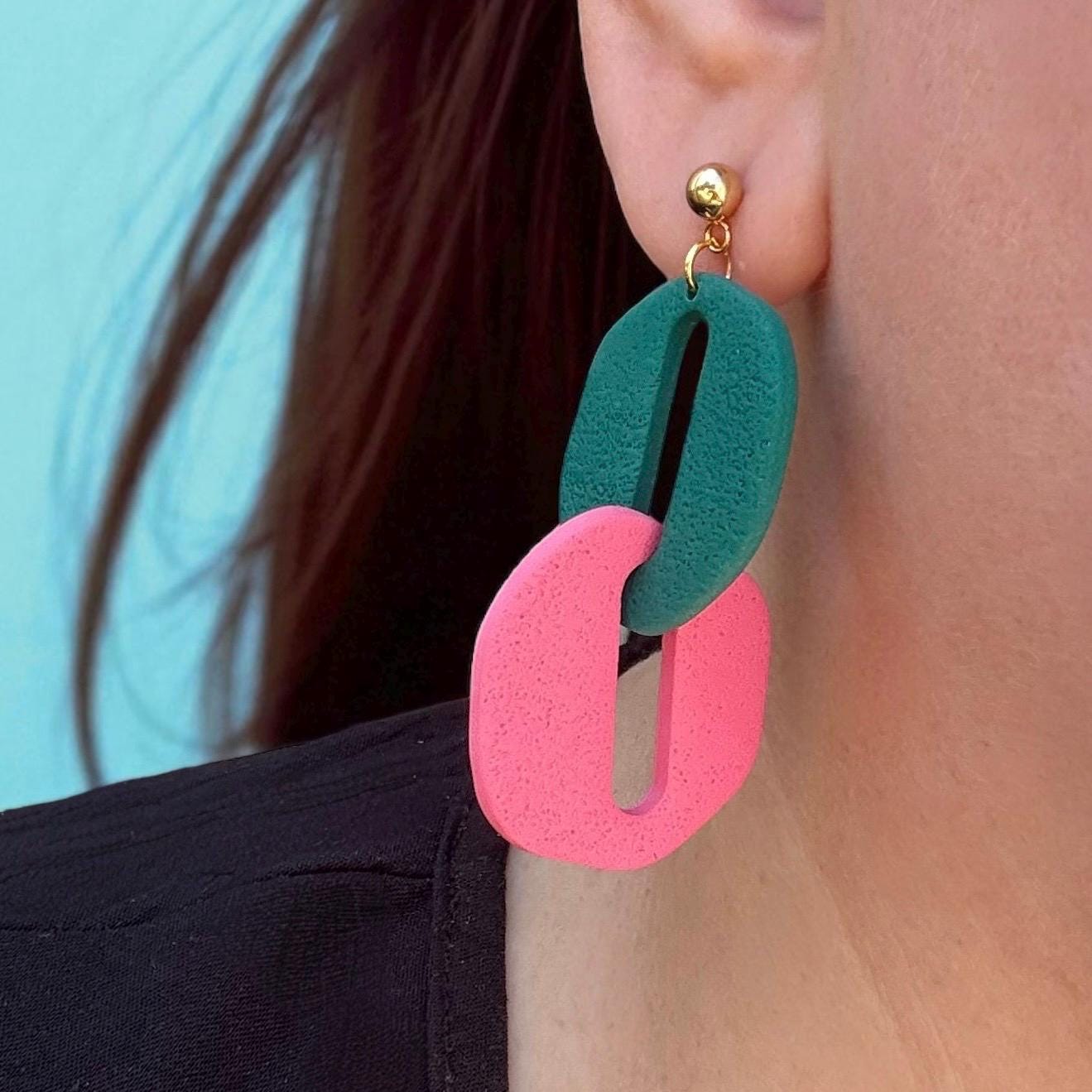 Chunky Pink & Green Polymer Clay Dangle Earrings