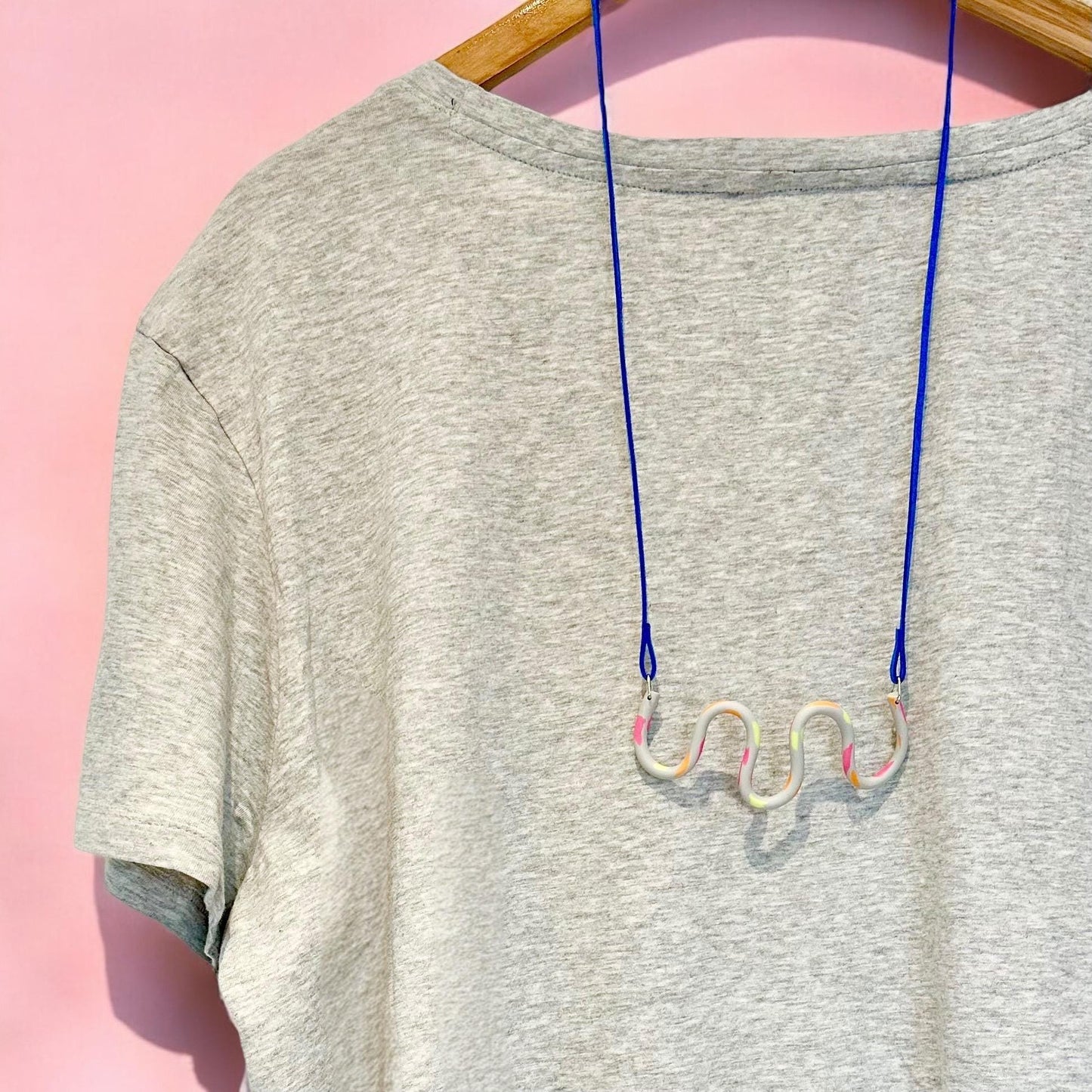 Neon, Grey & Blue Wavy Polymer Clay Pendant Necklace