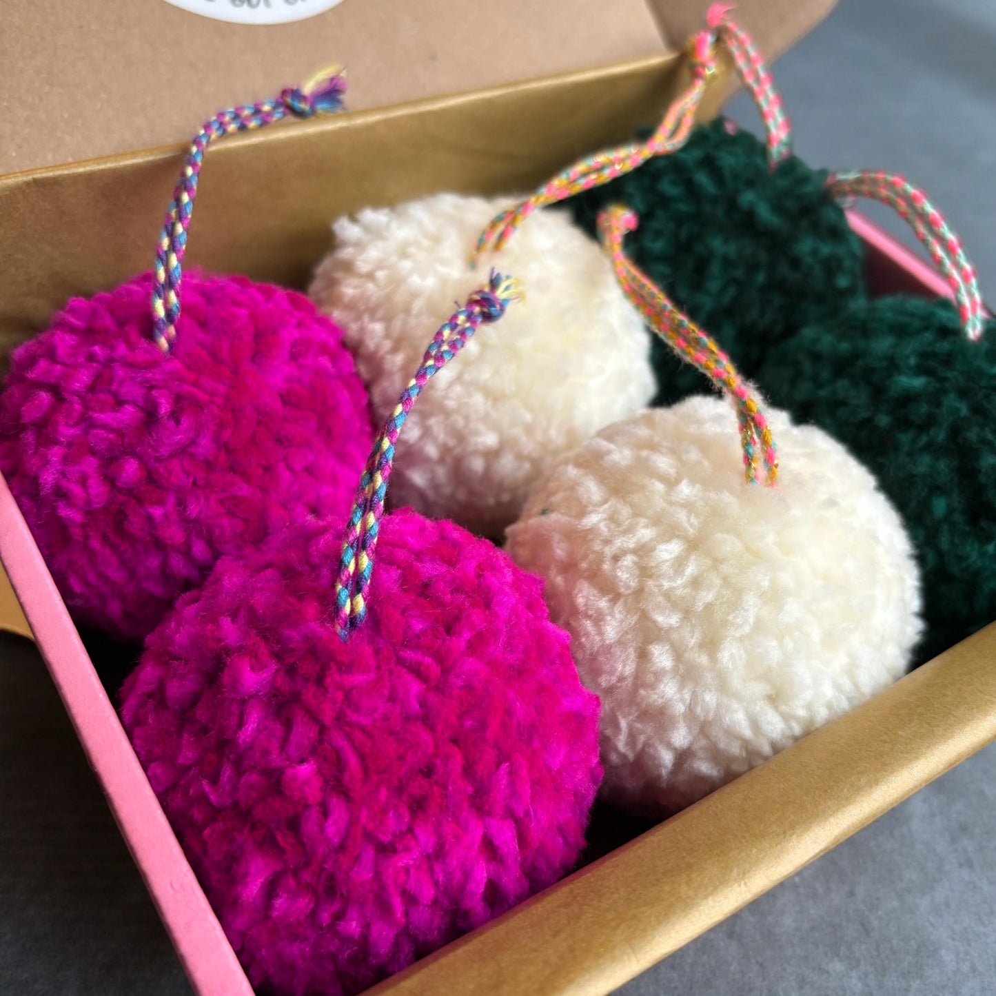 Chunky Knit Pom Pom Christmas Baubles – Handmade Set of 6 (Pink, Cream & Green)