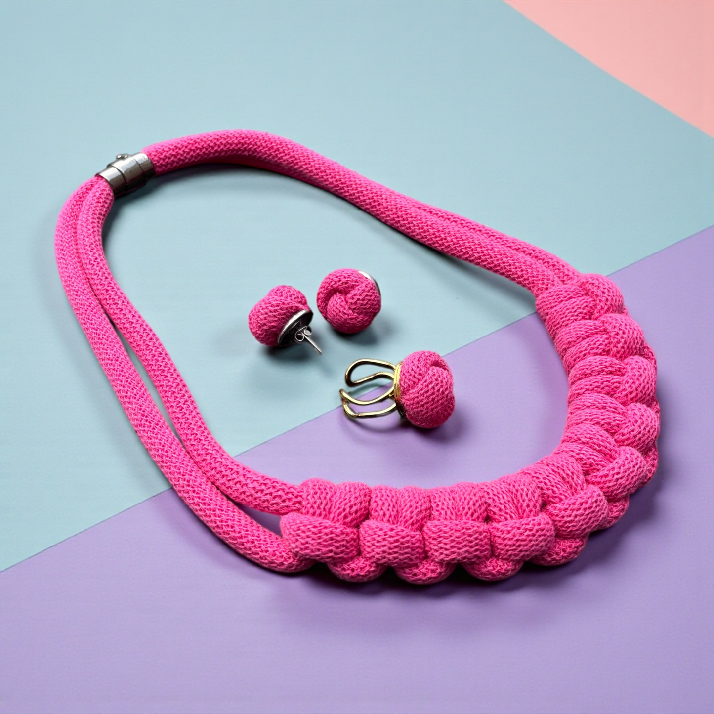 Handmade Chunky Macramé Jewellery Set – Knot Necklace, Ring & Earrings