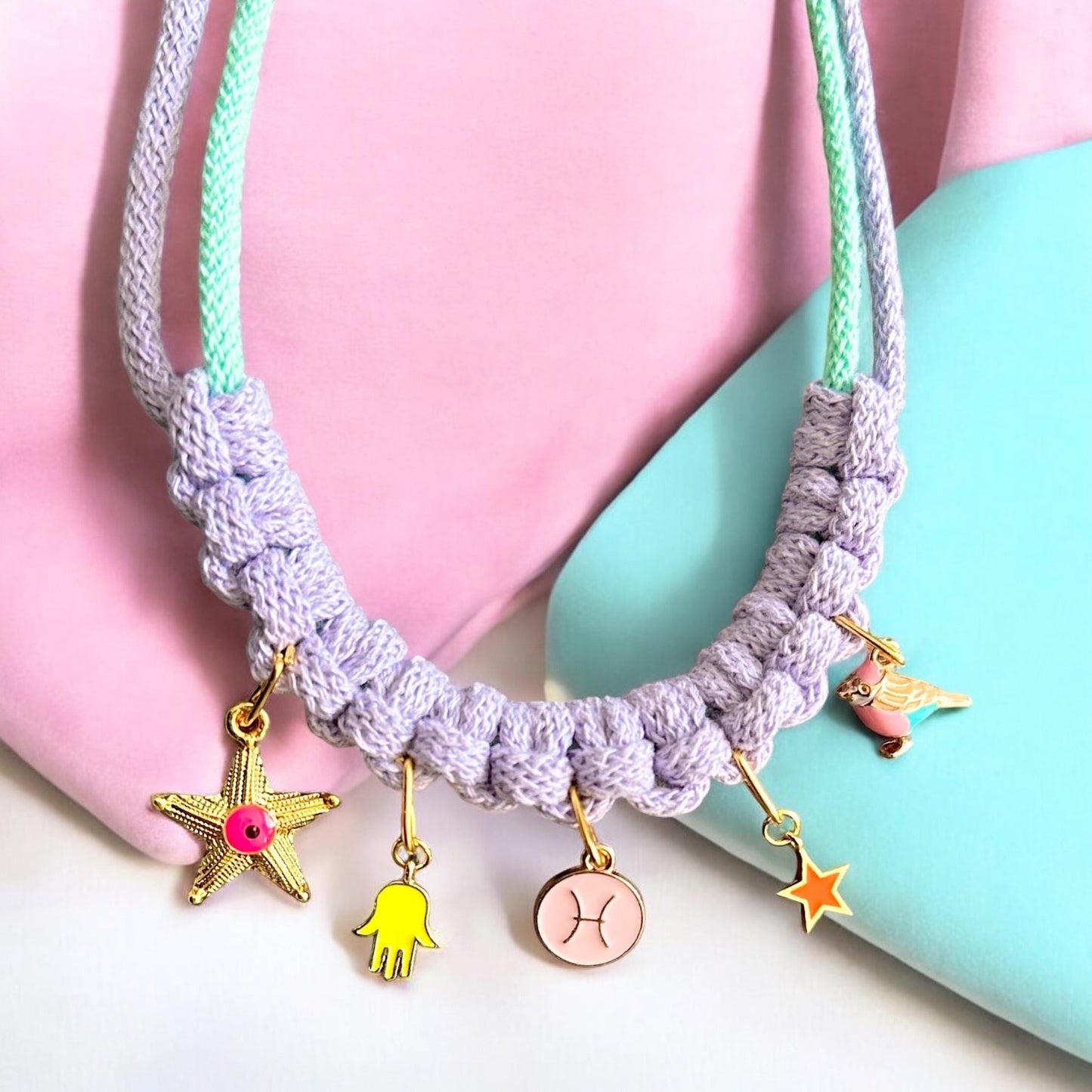 Macrame Charm Necklace – Personalised Zodiac Jewellery in Pastel Boho Style