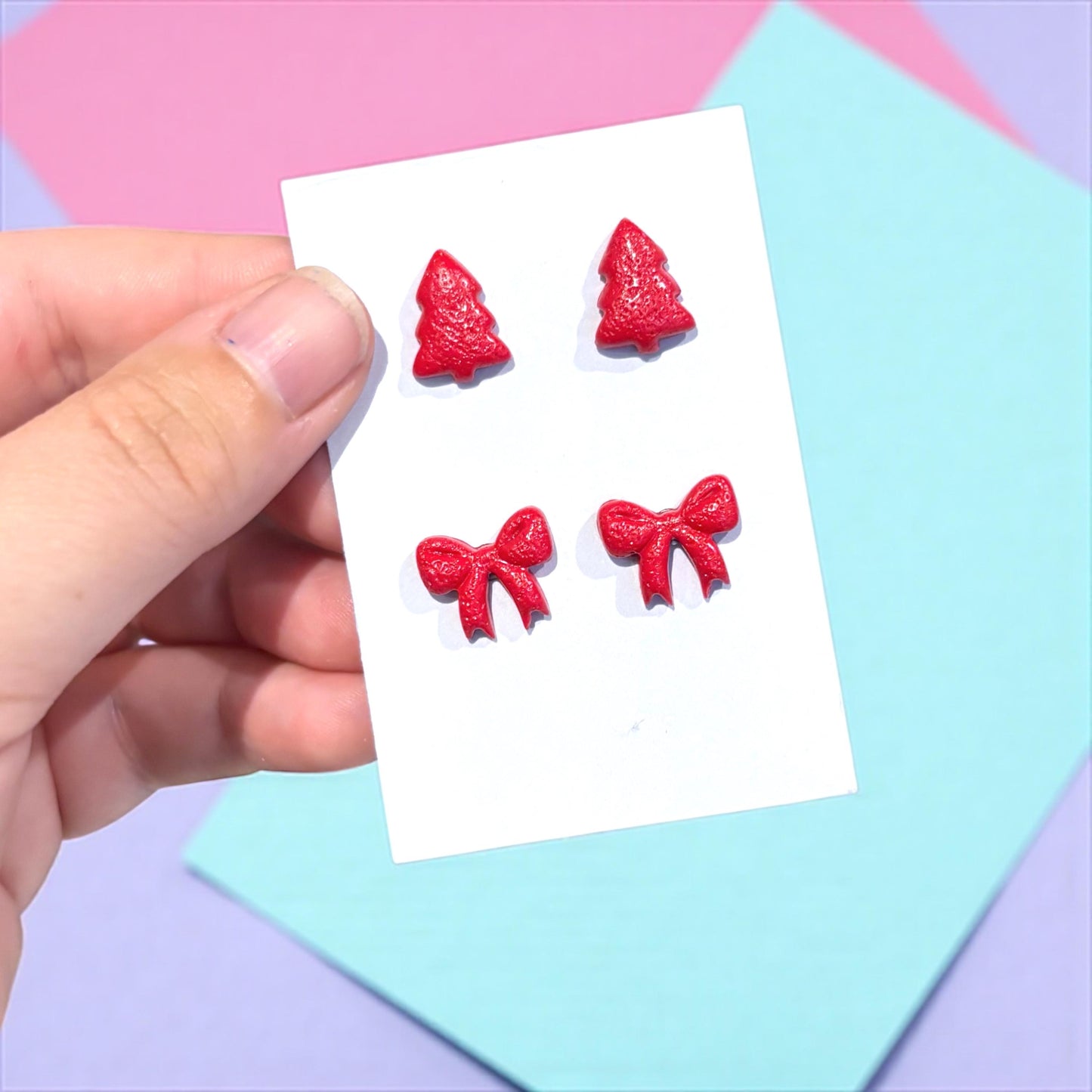 Glossy Polymer Clay Christmas Tree & Bow Stud Earrings Set