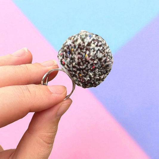 Adjustable Tweed Pom Pom Statement Ring