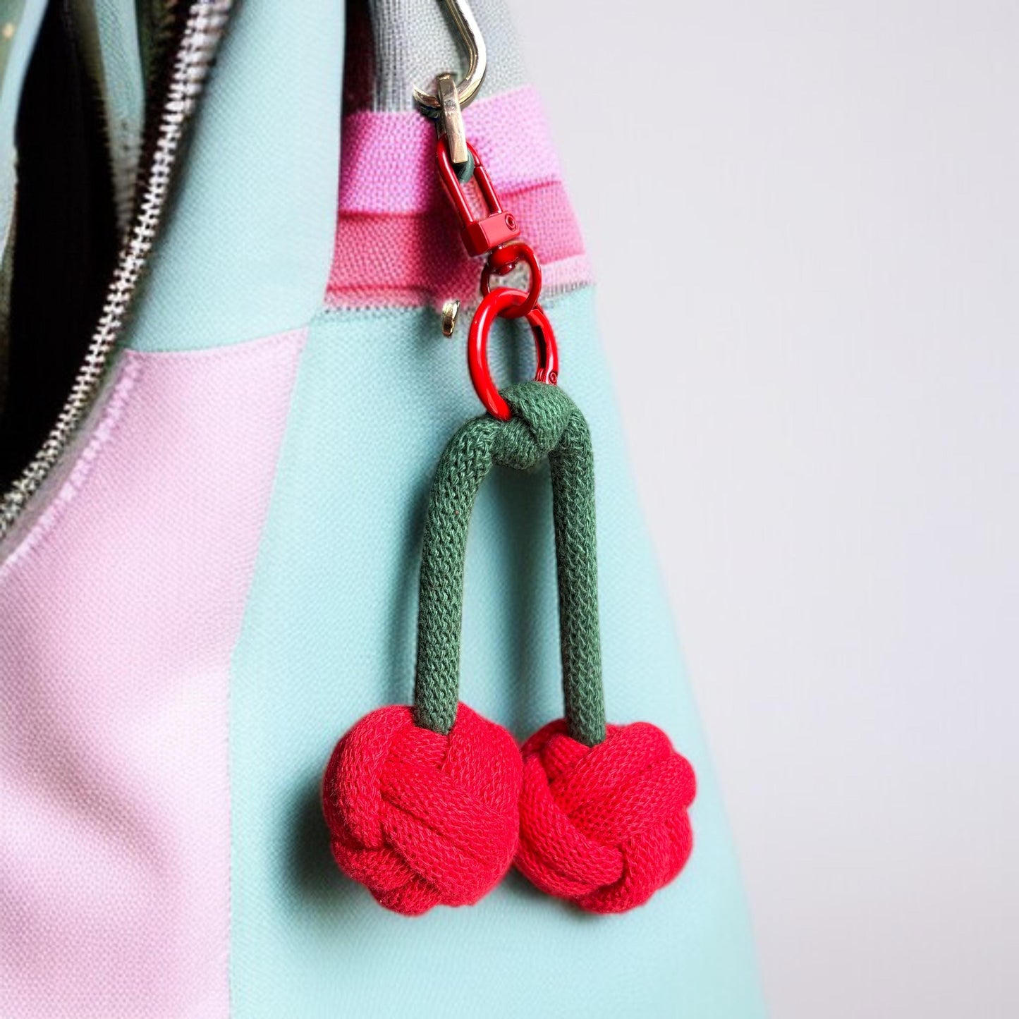 Oversized Cherry Bag Charm – Handmade Macramé Fruit Keyring