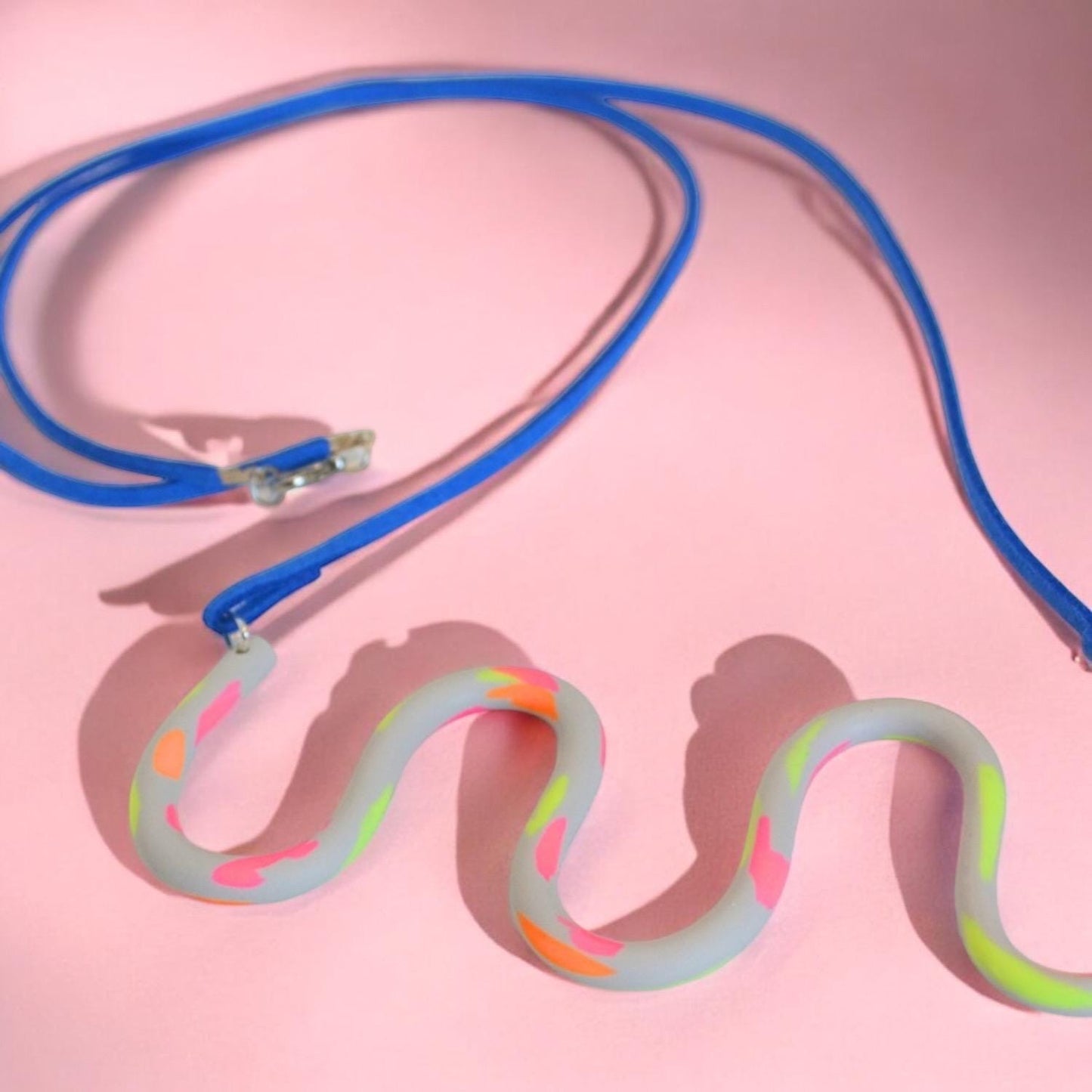 Neon, Grey & Blue Wavy Polymer Clay Pendant Necklace