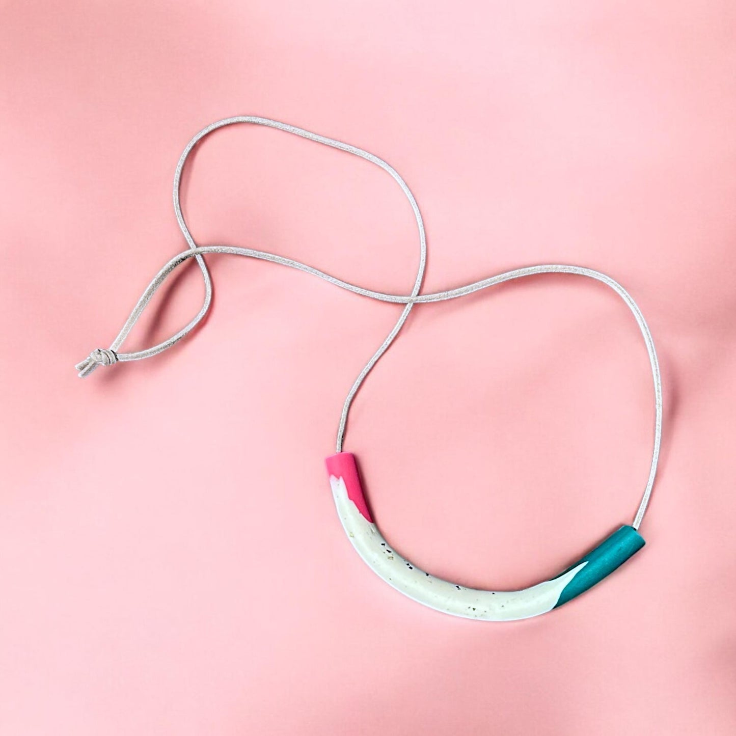 Pink, Green & Speckled White Polymer Clay Statement Necklace