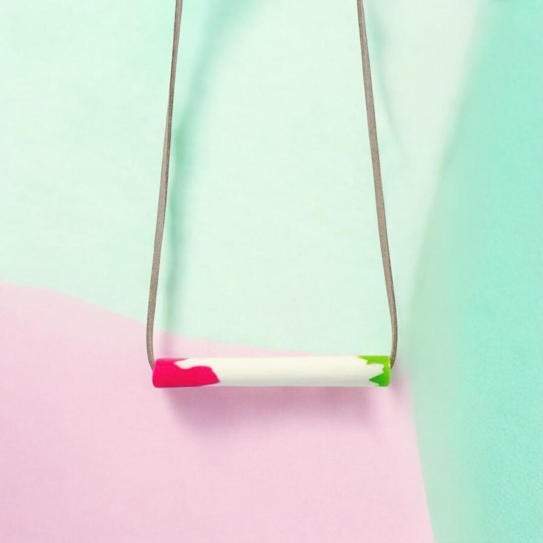 White Clay Pendant Necklace with Neon Pink & Green Tips