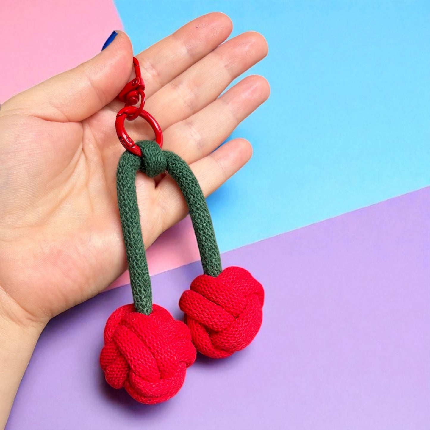 Oversized Cherry Bag Charm – Handmade Macramé Fruit Keyring