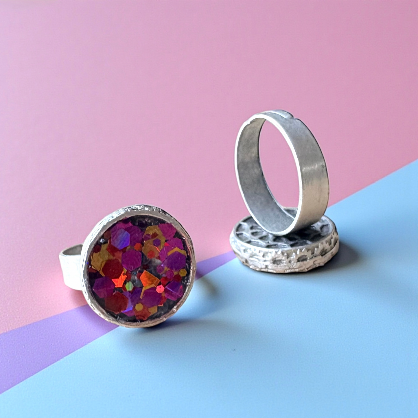 Confetti Crush Statement Resin Ring - Silver Plated & Adjustable