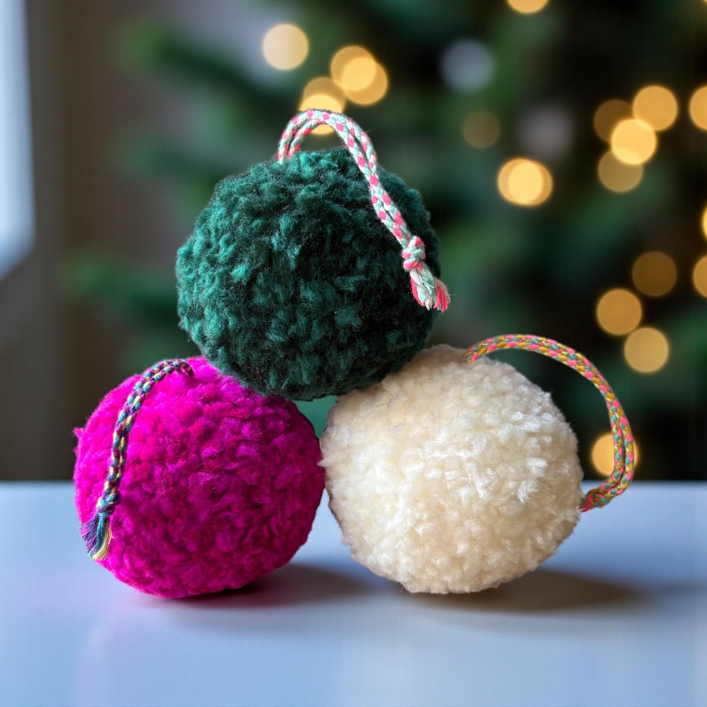 Chunky Knit Pom Pom Christmas Baubles – Handmade Set of 6 (Pink, Cream & Green)