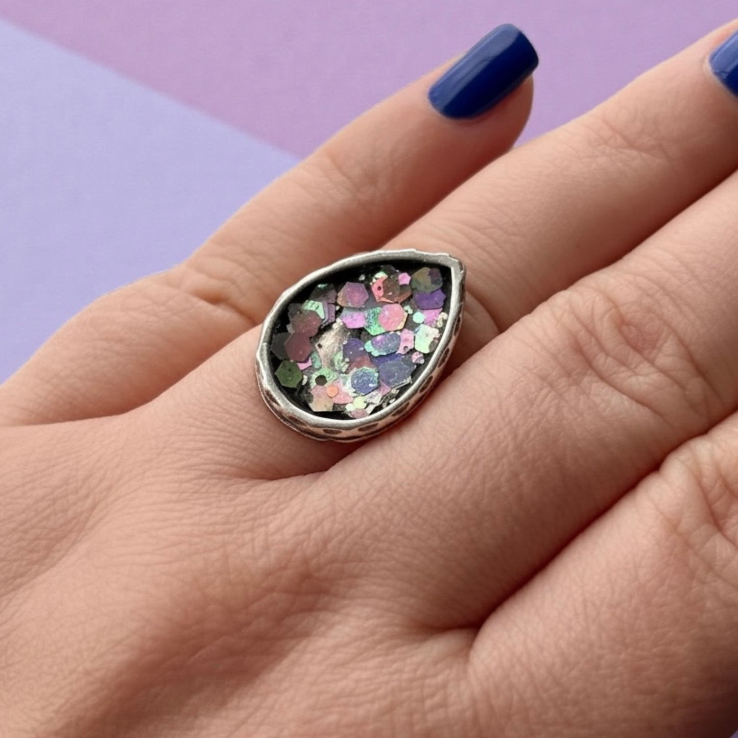 Stardust Crush Statement Resin Ring – Silver Plated & Adjustable