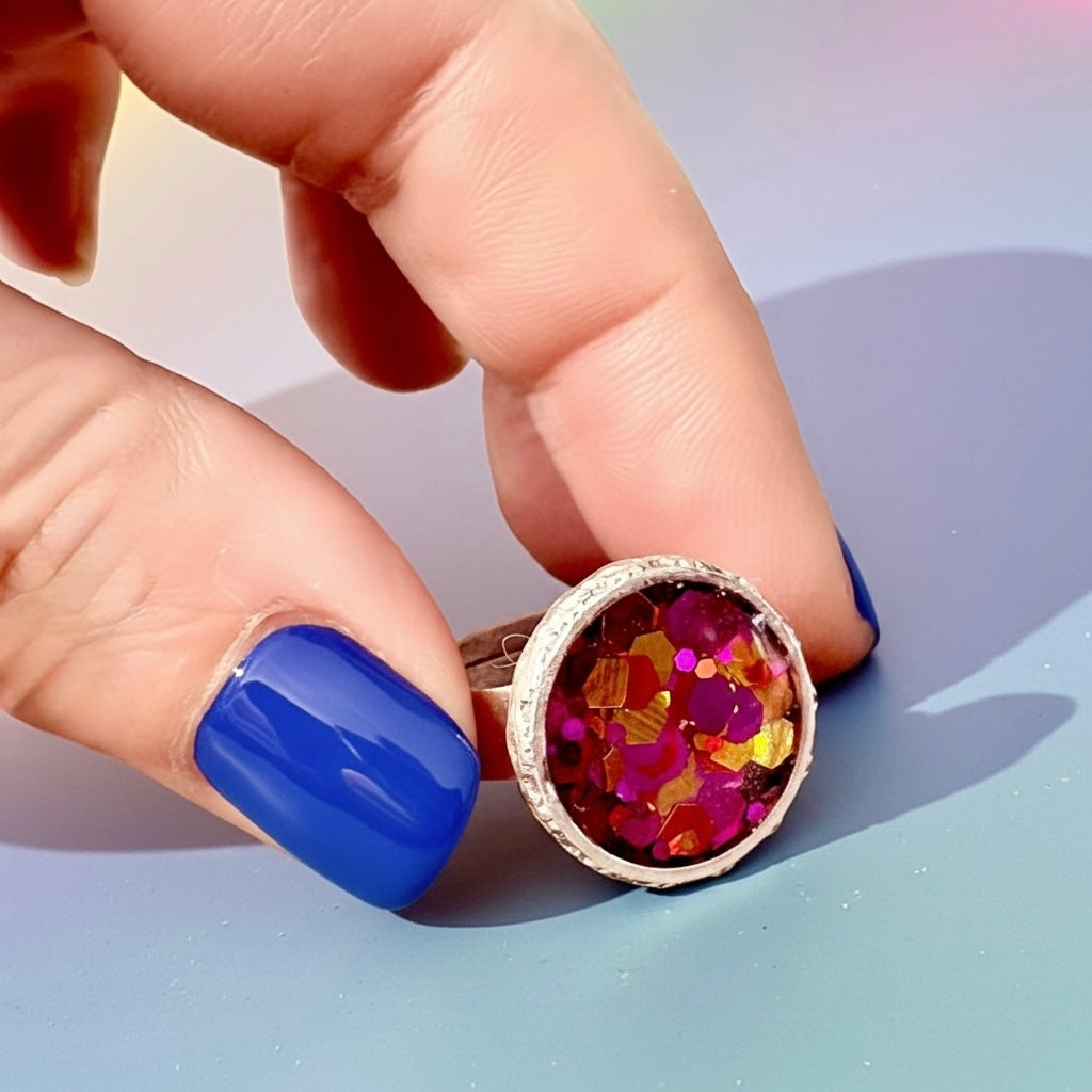 Confetti Crush Statement Resin Ring - Silver Plated & Adjustable