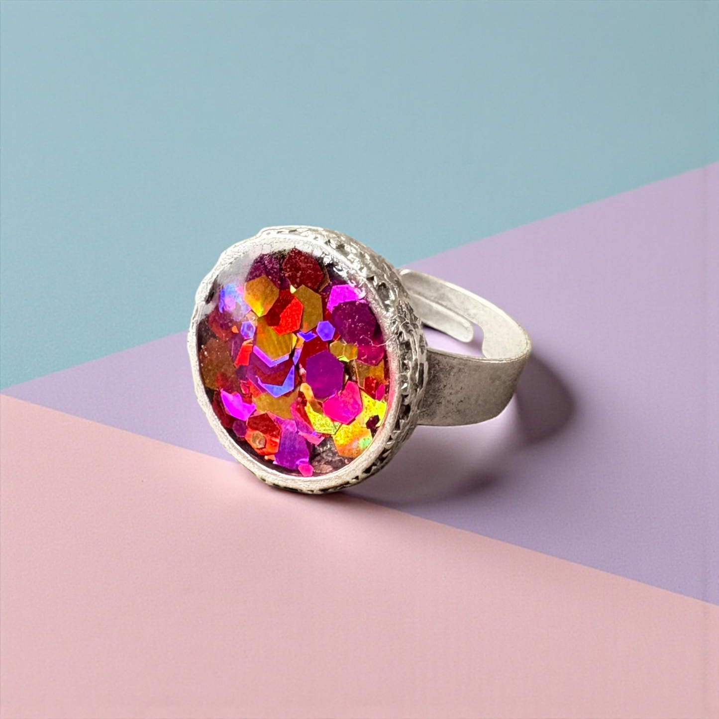 Confetti Crush Statement Resin Ring - Silver Plated & Adjustable