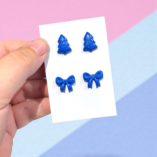 Glossy Polymer Clay Christmas Tree & Bow Stud Earrings Set