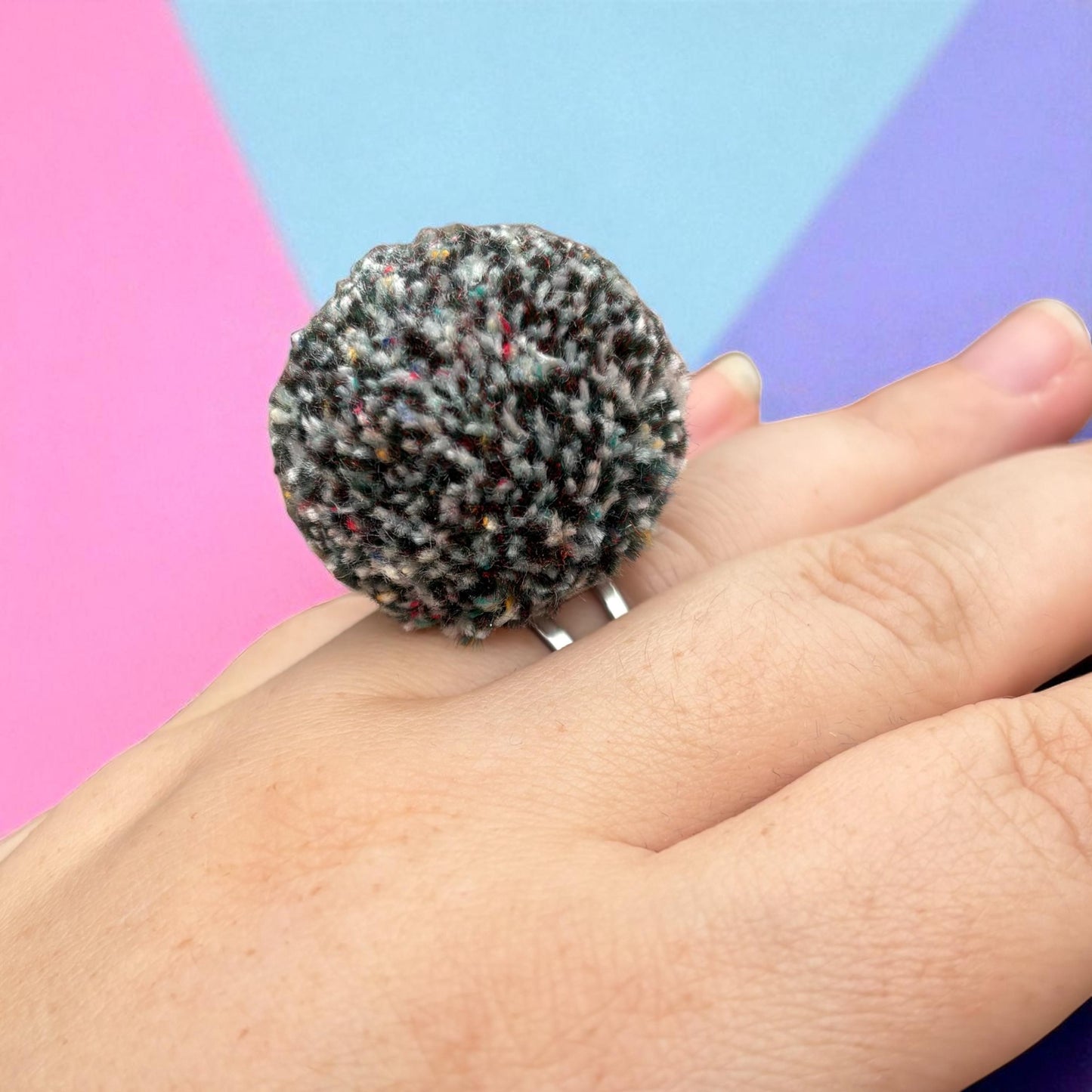 Adjustable Tweed Pom Pom Statement Ring