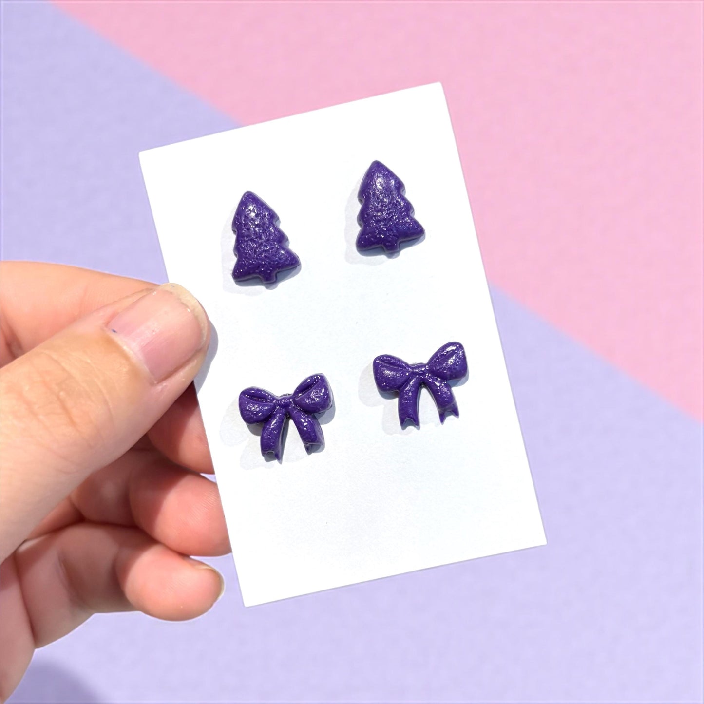 Glossy Polymer Clay Christmas Tree & Bow Stud Earrings Set