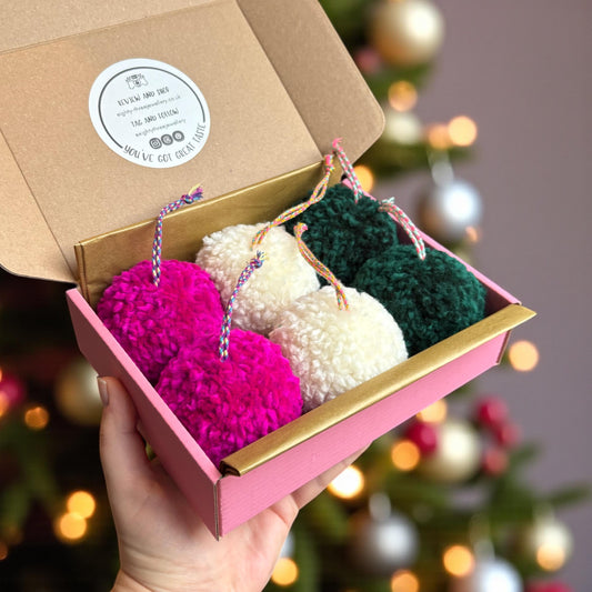 Chunky Knit Pom Pom Christmas Baubles – Handmade Set of 6 (Pink, Cream & Green)