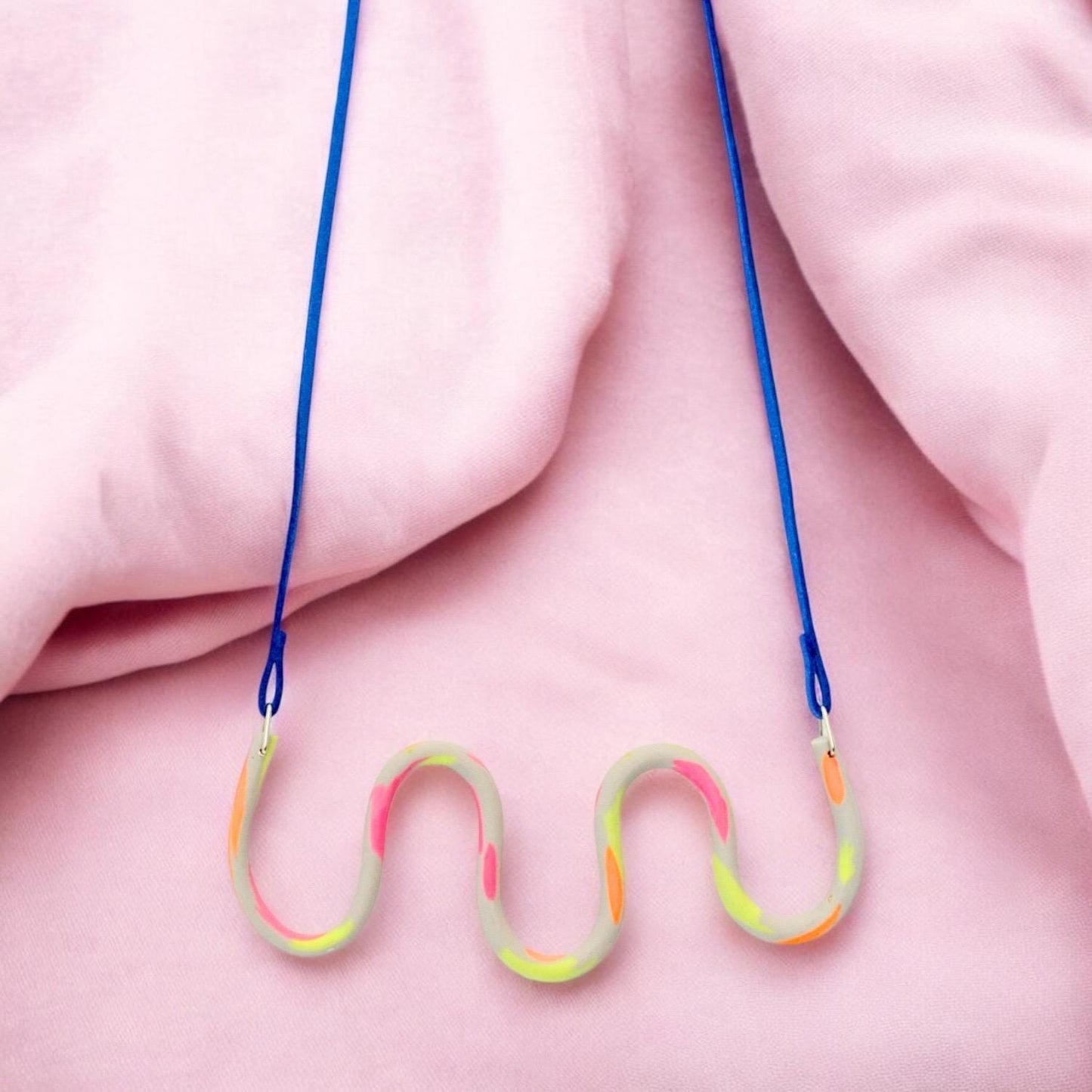 Neon, Grey & Blue Wavy Polymer Clay Pendant Necklace