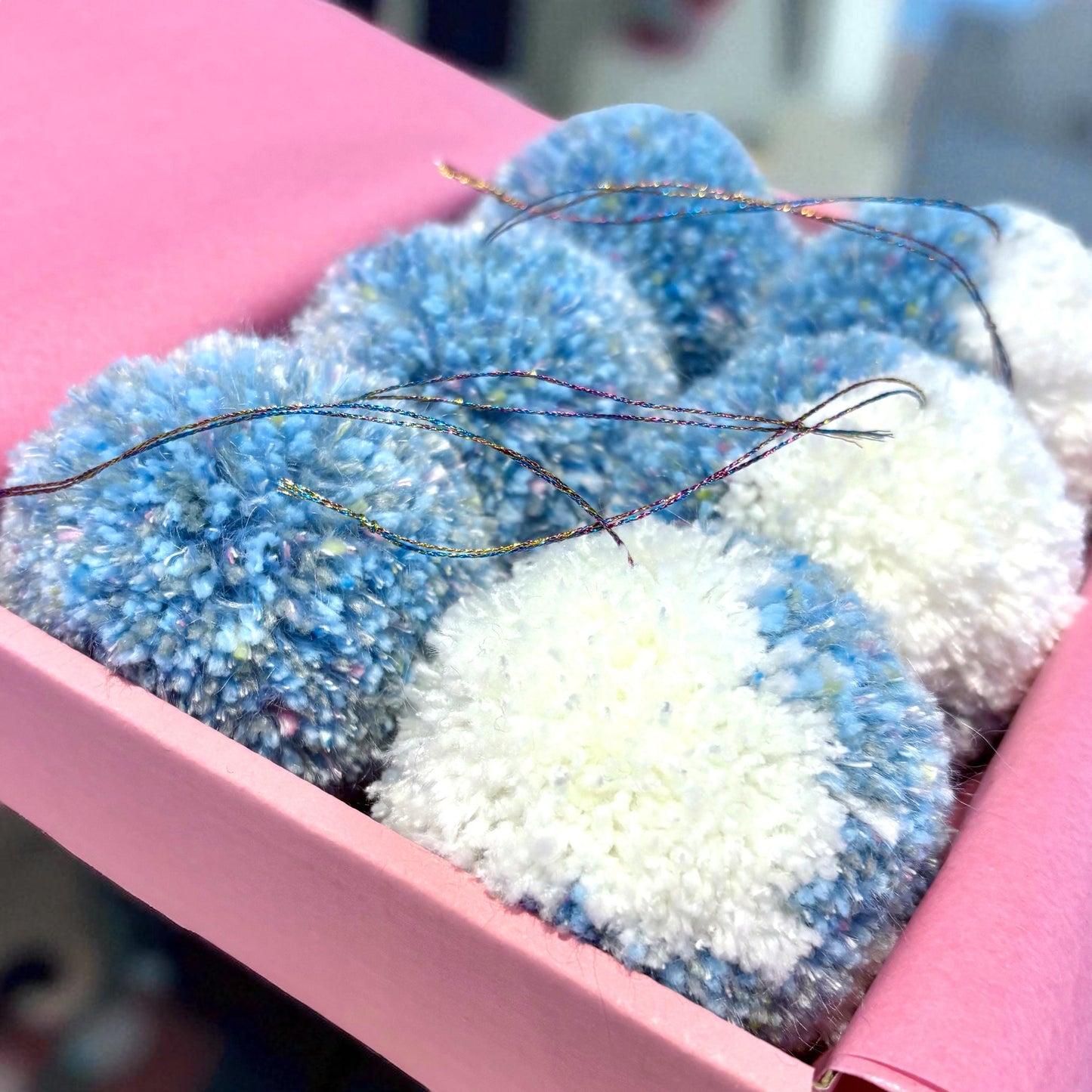 Blue & White Pom Pom Christmas Baubles – Handmade Set of 6