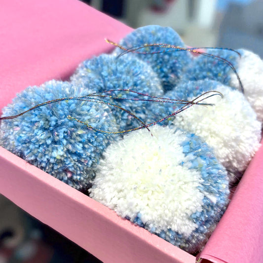 Blue & White Pom Pom Christmas Baubles – Handmade Set of 6