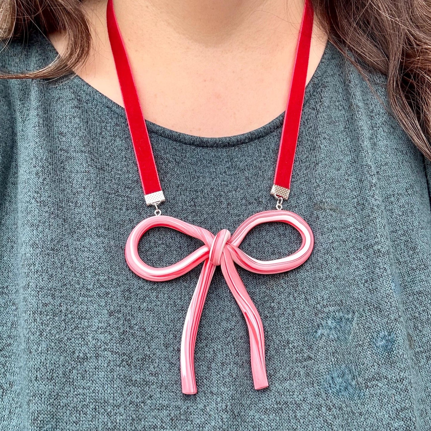 Christmas Candy Cane Bow Necklace
