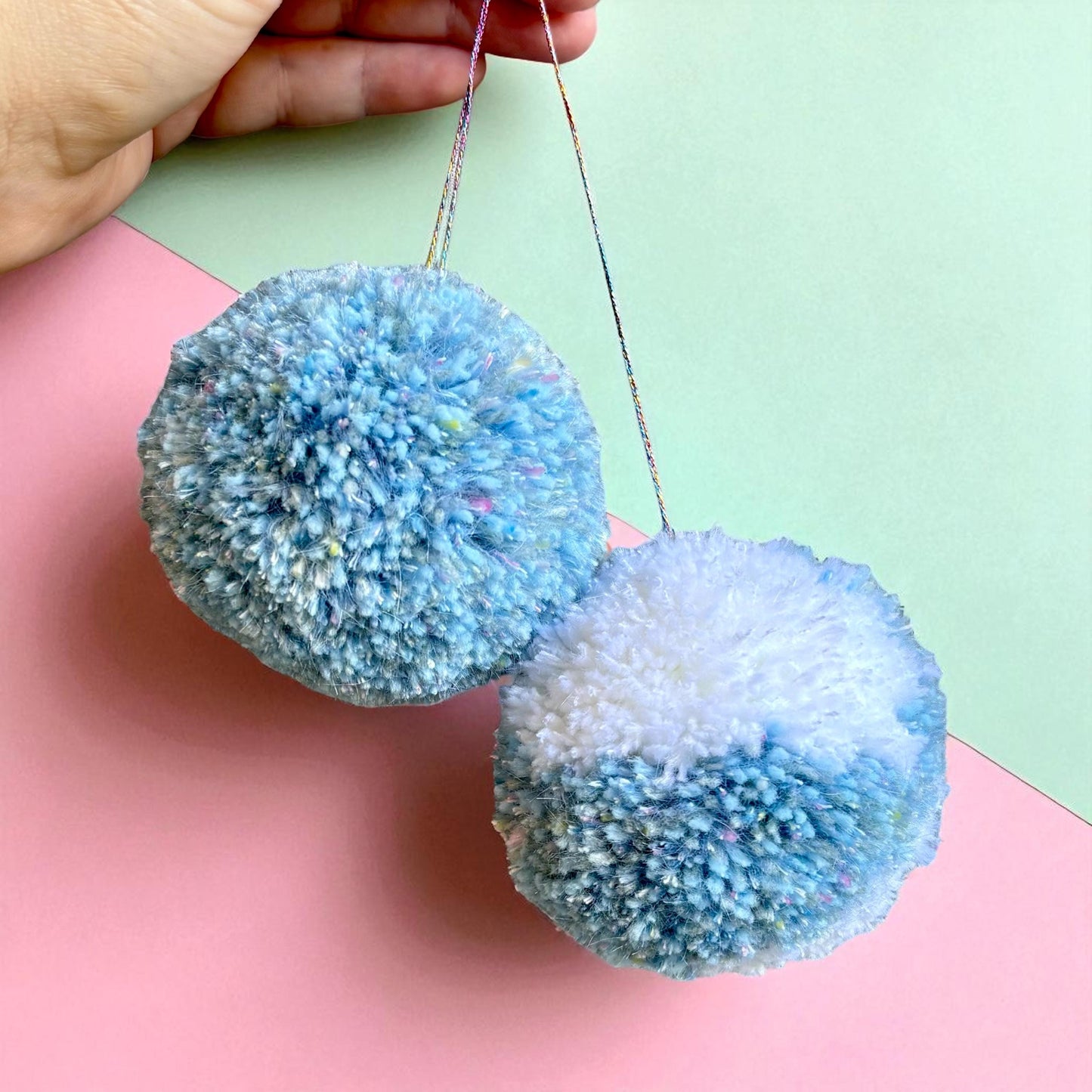 Blue & White Pom Pom Christmas Baubles – Handmade Set of 6