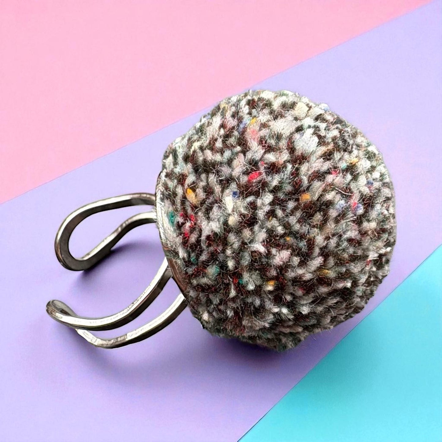 Adjustable Tweed Pom Pom Statement Ring